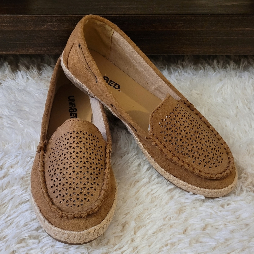 UNR8ED Tan Suede Perforated Loafers - Casual Women's Flats